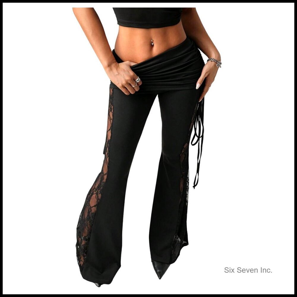 Lace Pants Fold Over Flare Leggings Bell Bottoms Rave Outfits Y2K Chic